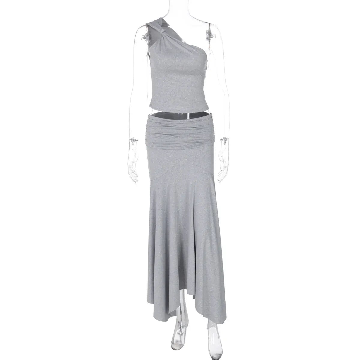 Women's One-Shoulder Crop Top & Long Skirt Set GRAY