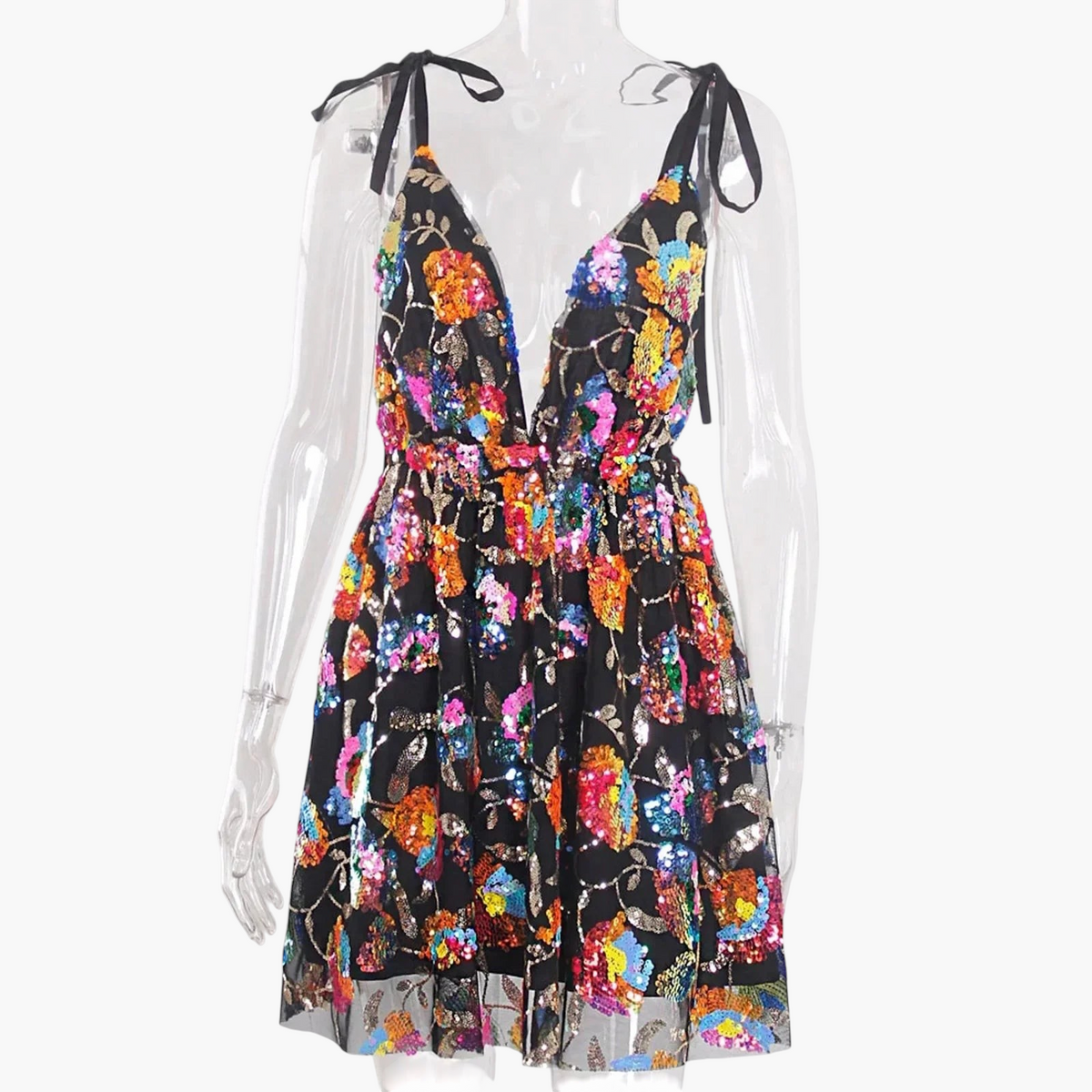 Deep Backless Sequin Dress Floral