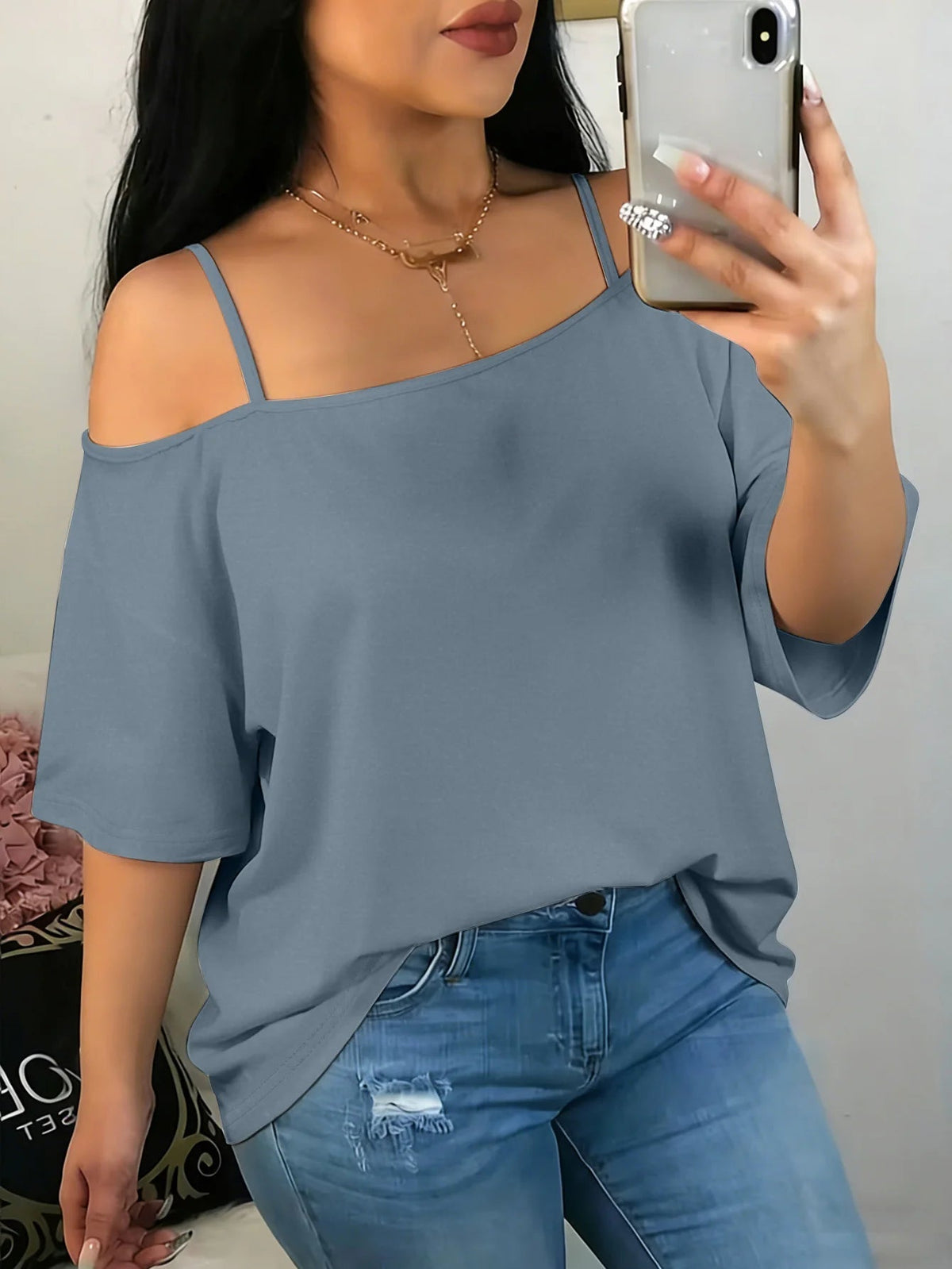 High End Oversized Sleeved Loose Shirt Slim Fit Relaxed Fit Blue