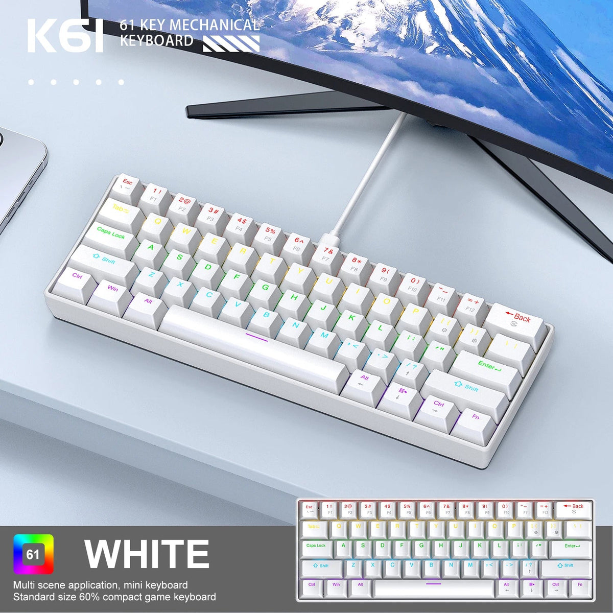 APAYADO K61 Compact Wired Mechanical Keyboard K61-Whtie