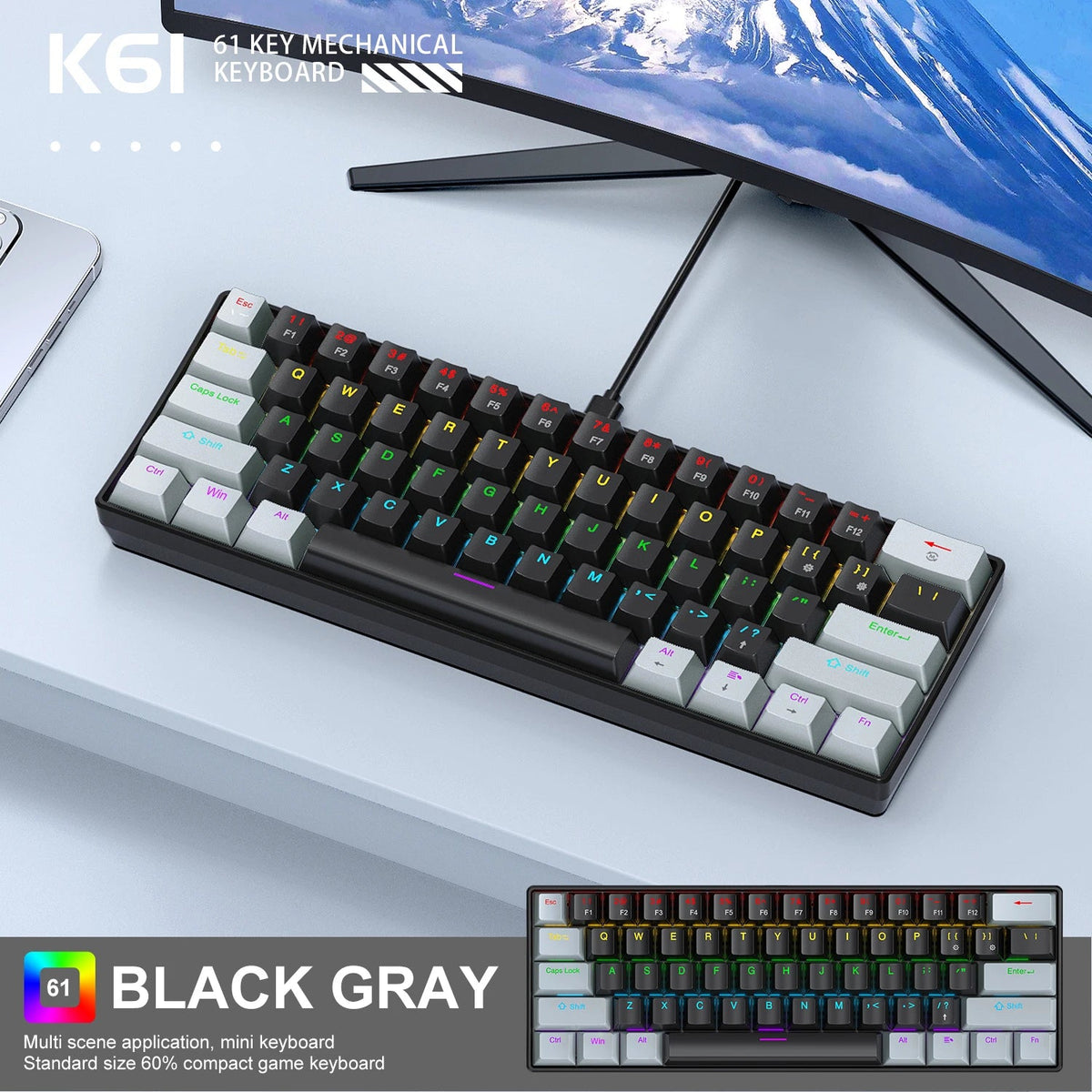 APAYADO K61 Compact Wired Mechanical Keyboard K61-Black-Gray