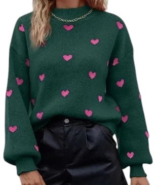 Heart Pattern Long Sweater Long Sleeve Knit green