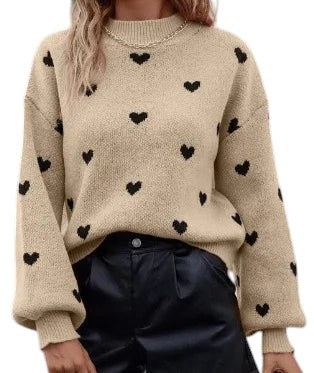 Heart Pattern Long Sweater Long Sleeve Knit Milky White