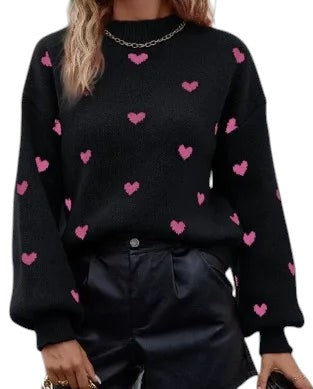Heart Pattern Long Sweater Long Sleeve Knit black