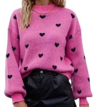 Heart Pattern Long Sweater Long Sleeve Knit Pink