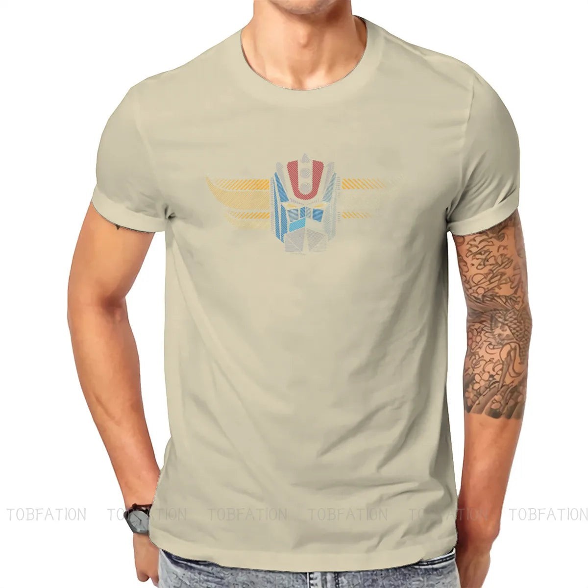 Retro Robot Head T Shirt Graphic Khaki