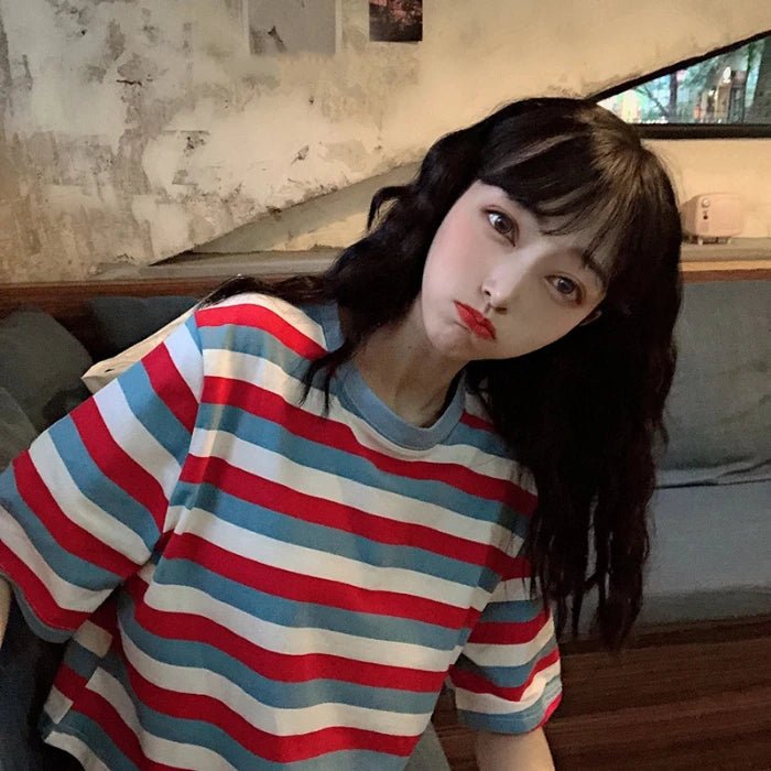 Crop Slim O neck T Shirt Short Sleeve red