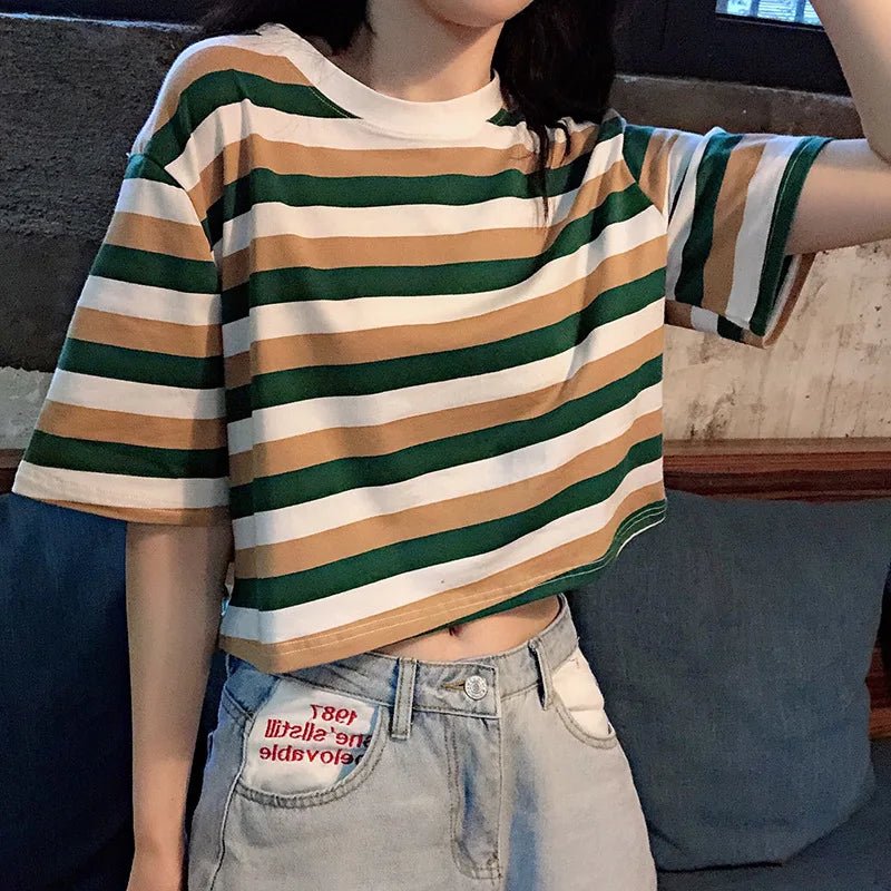 Crop Slim O neck T Shirt Short Sleeve