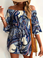 Elegant Floral Print Boho Shorts Off Shoulder Floral Blue
