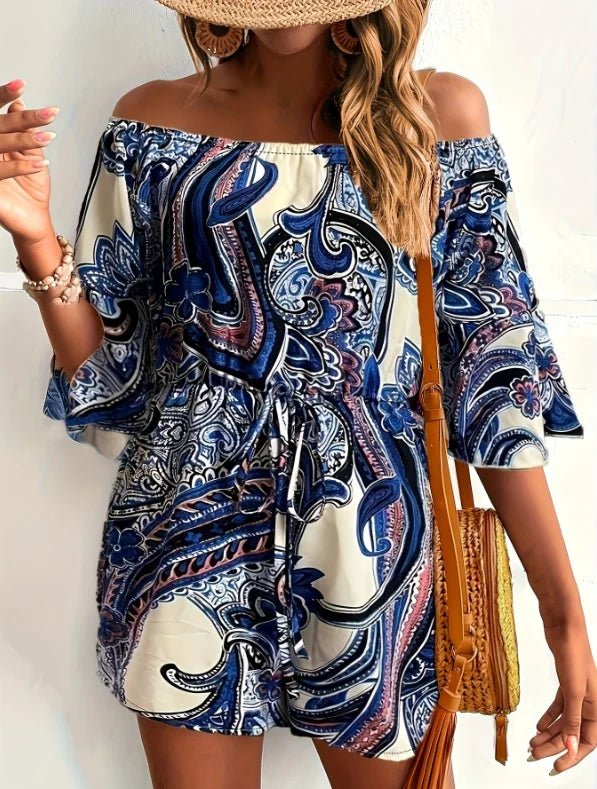 Elegant Floral Print Boho Shorts Off Shoulder Floral Blue