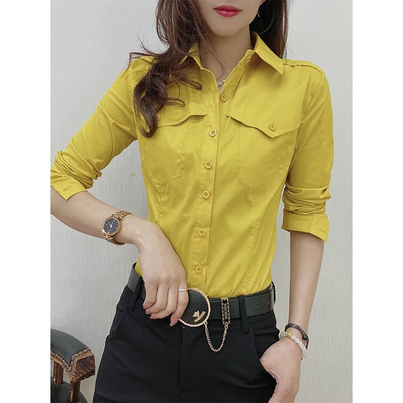 European Pockets Button Top Button Front Long Sleeve Yellow
