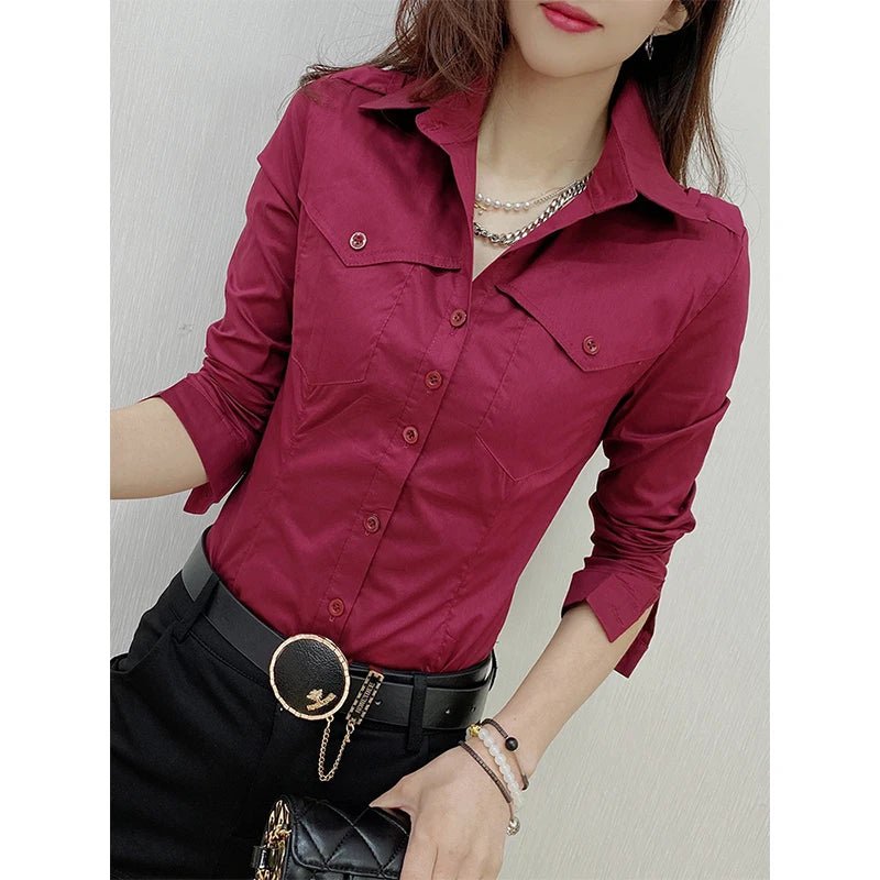 European Pockets Button Top Button Front Long Sleeve Wine red