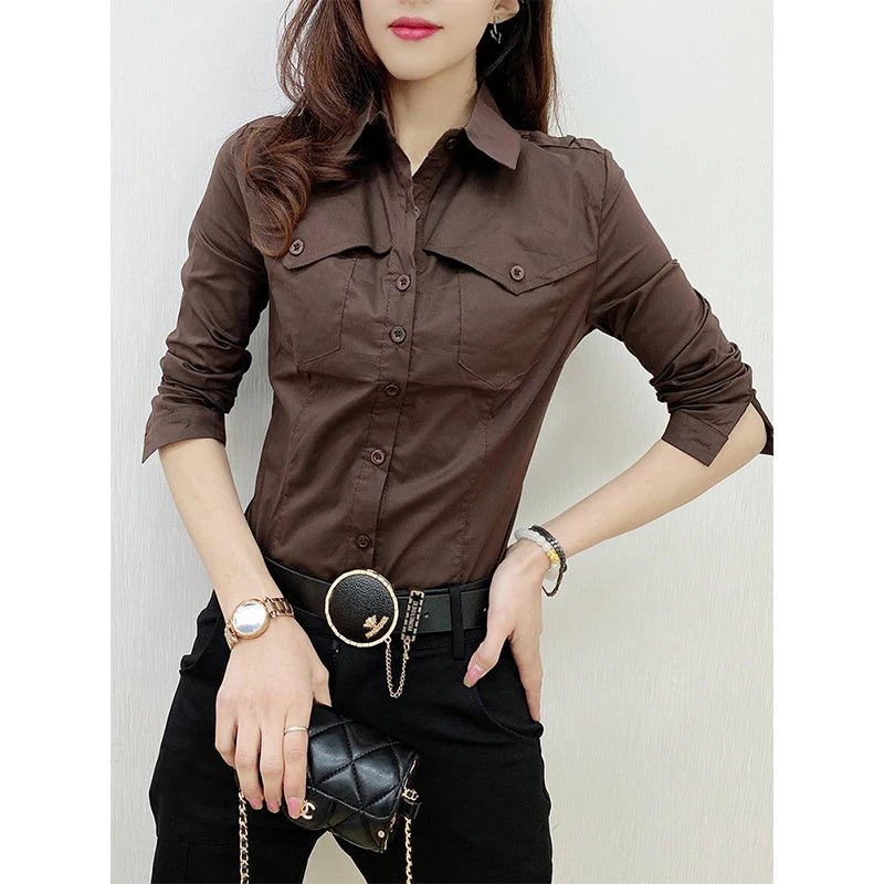 European Pockets Button Top Button Front Long Sleeve Coffee