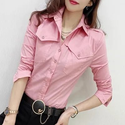 European Pockets Button Top Button Front Long Sleeve Pink