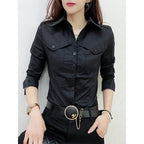 European Pockets Button Top Button Front Long Sleeve Black