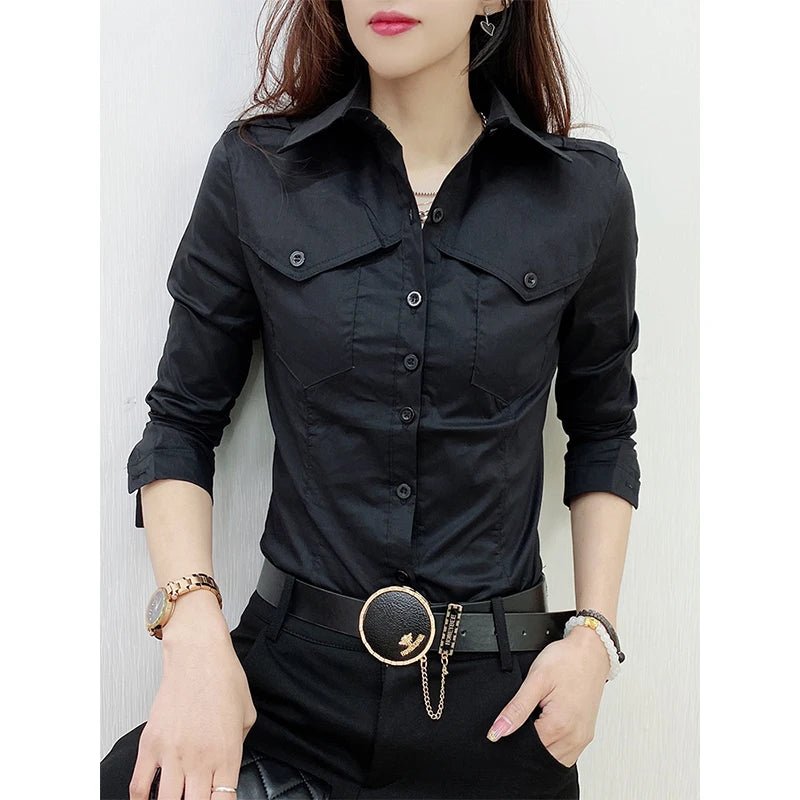European Pockets Button Top Button Front Long Sleeve Black