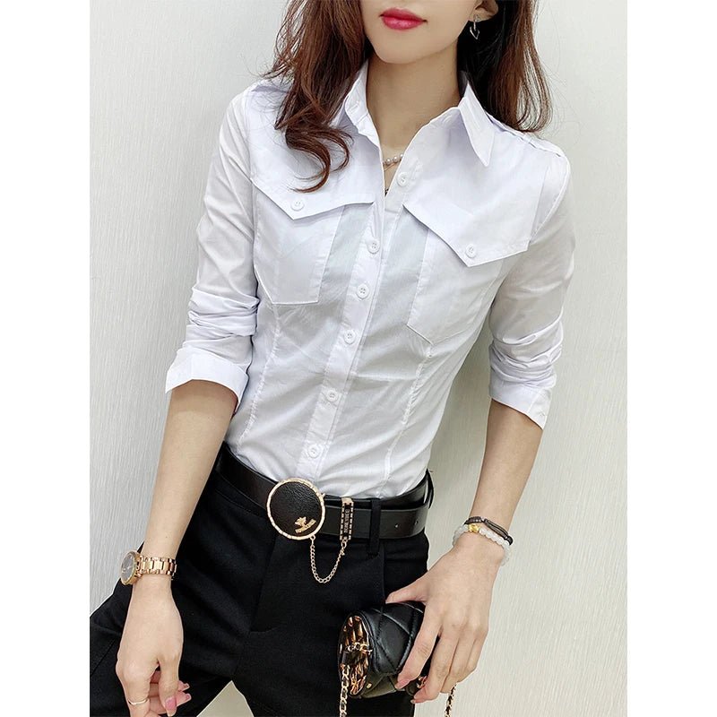 European Pockets Button Top Button Front Long Sleeve White