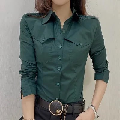 European Pockets Button Top Button Front Long Sleeve Army green