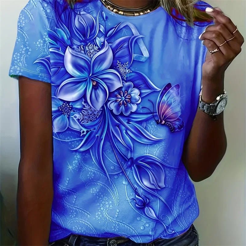 Flower Butterfly Printed T Shirt Relaxed Fit Short Sleeve Tshirt-PZM42315