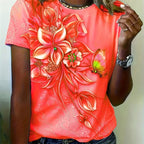 Flower Butterfly Printed T Shirt Relaxed Fit Short Sleeve