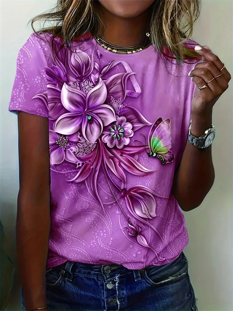 Flower Butterfly Printed T Shirt Relaxed Fit Short Sleeve Tshirt-PZM42308