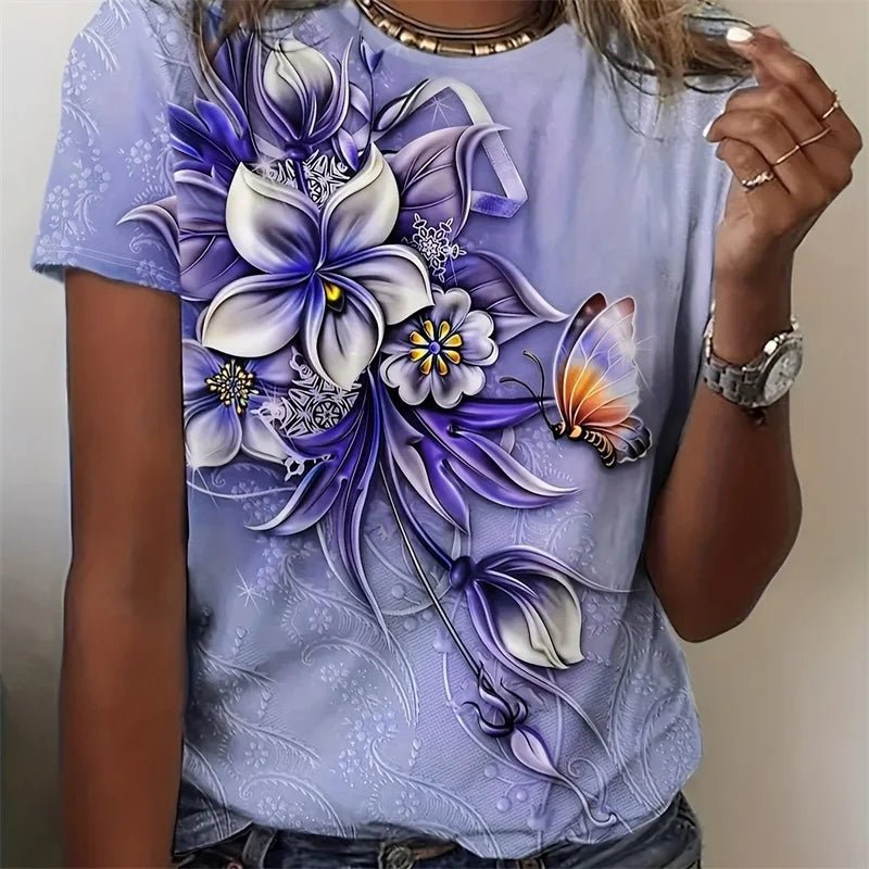 Flower Butterfly Printed T Shirt Relaxed Fit Short Sleeve Tshirt-PZM42306