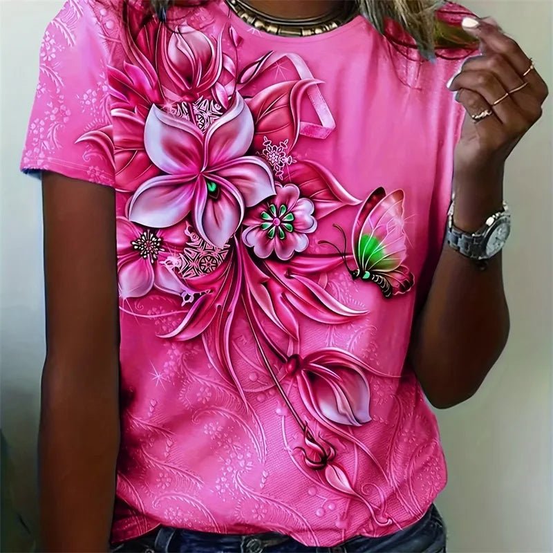 Flower Butterfly Printed T Shirt Relaxed Fit Short Sleeve Tshirt-PZM42307