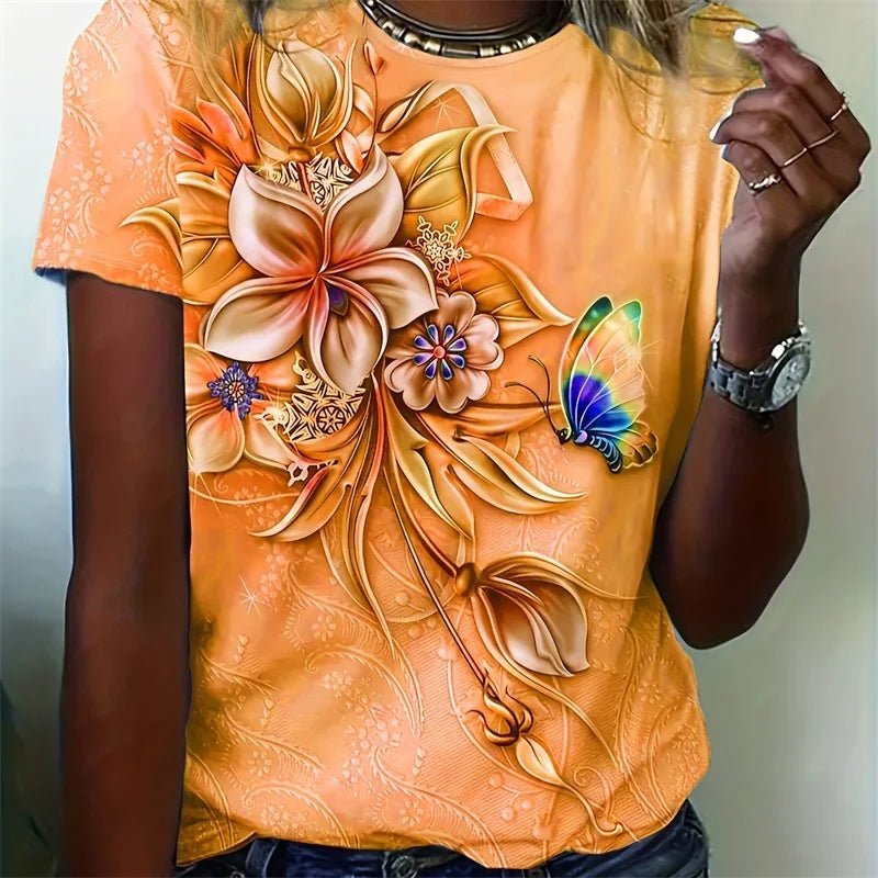 Flower Butterfly Printed T Shirt Relaxed Fit Short Sleeve