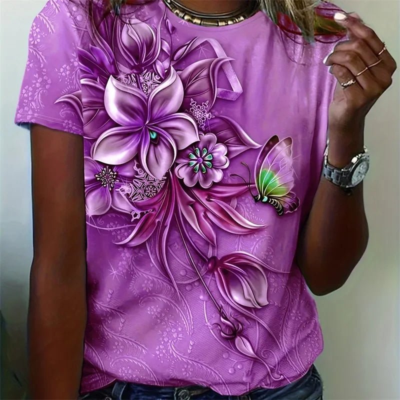 Flower Butterfly Printed T Shirt Relaxed Fit Short Sleeve Tshirt-PZM42313
