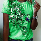 Flower Butterfly Printed T Shirt Relaxed Fit Short Sleeve