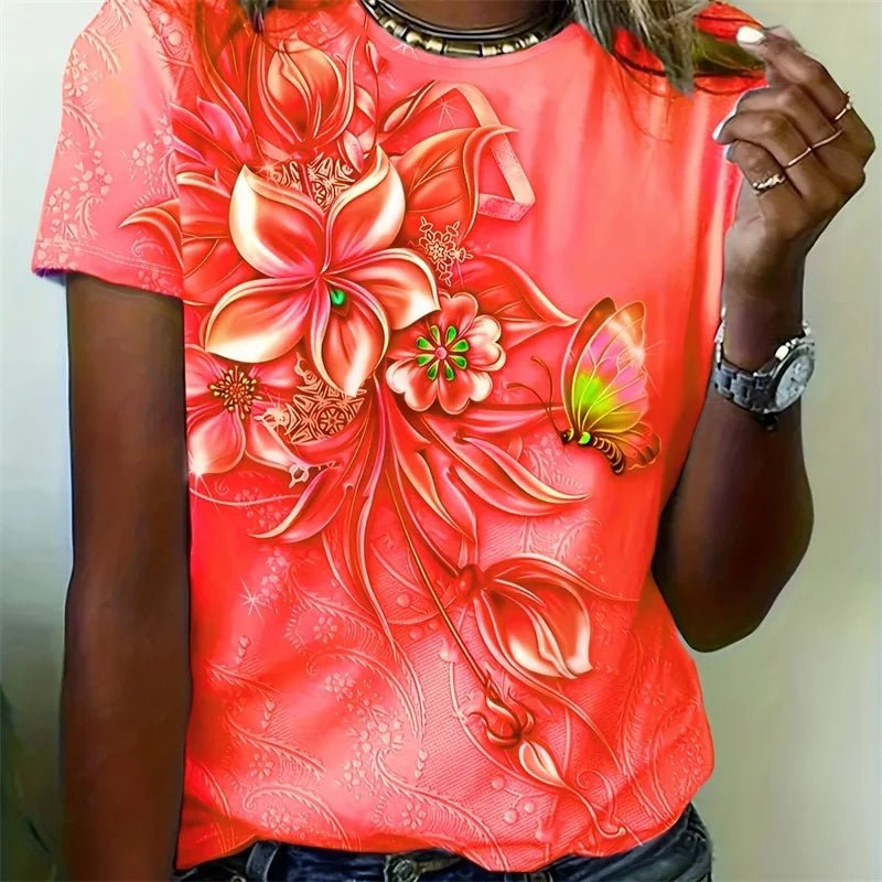 Flower Butterfly Printed T Shirt Relaxed Fit Short Sleeve Tshirt-PZM42312