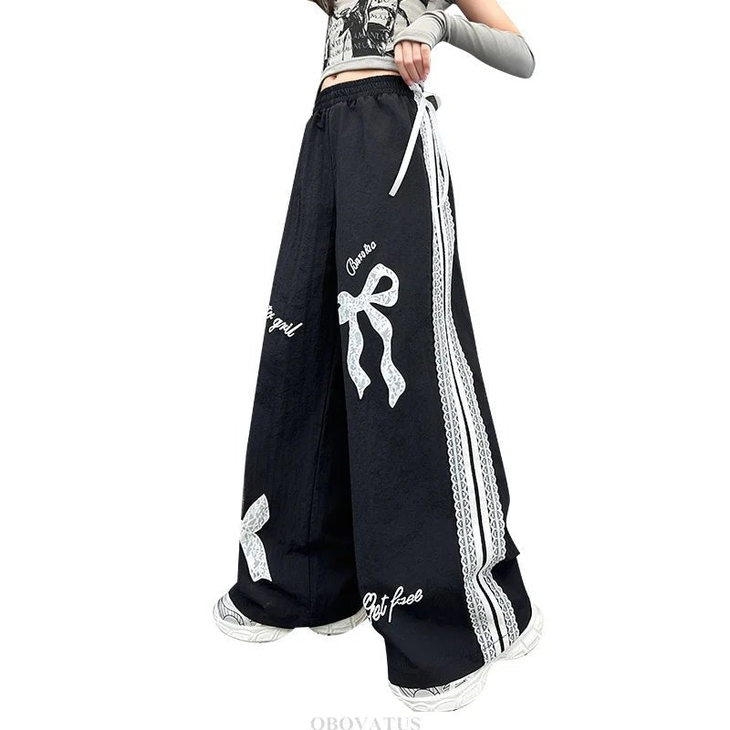 Girls' Black Lace-Trim Wide-Leg Pants