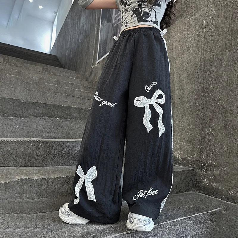 Girls' Black Lace-Trim Wide-Leg Pants
