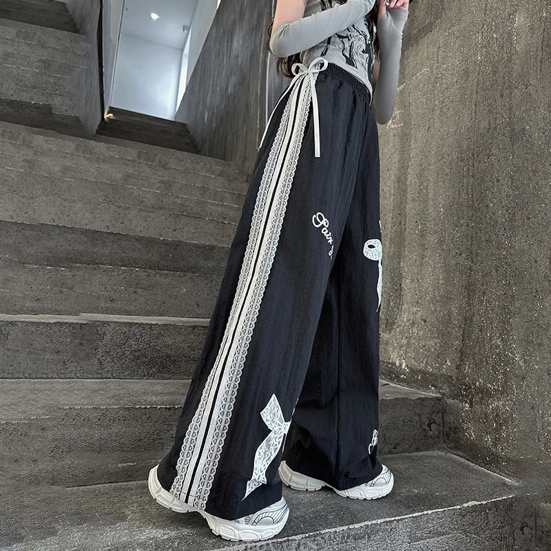 Girls' Black Lace-Trim Wide-Leg Pants