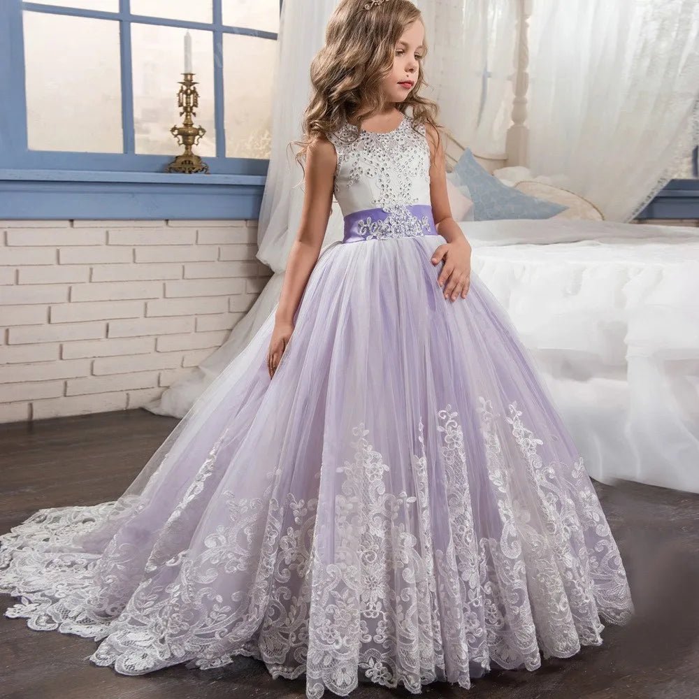 Girls Color block Lace Dress purple