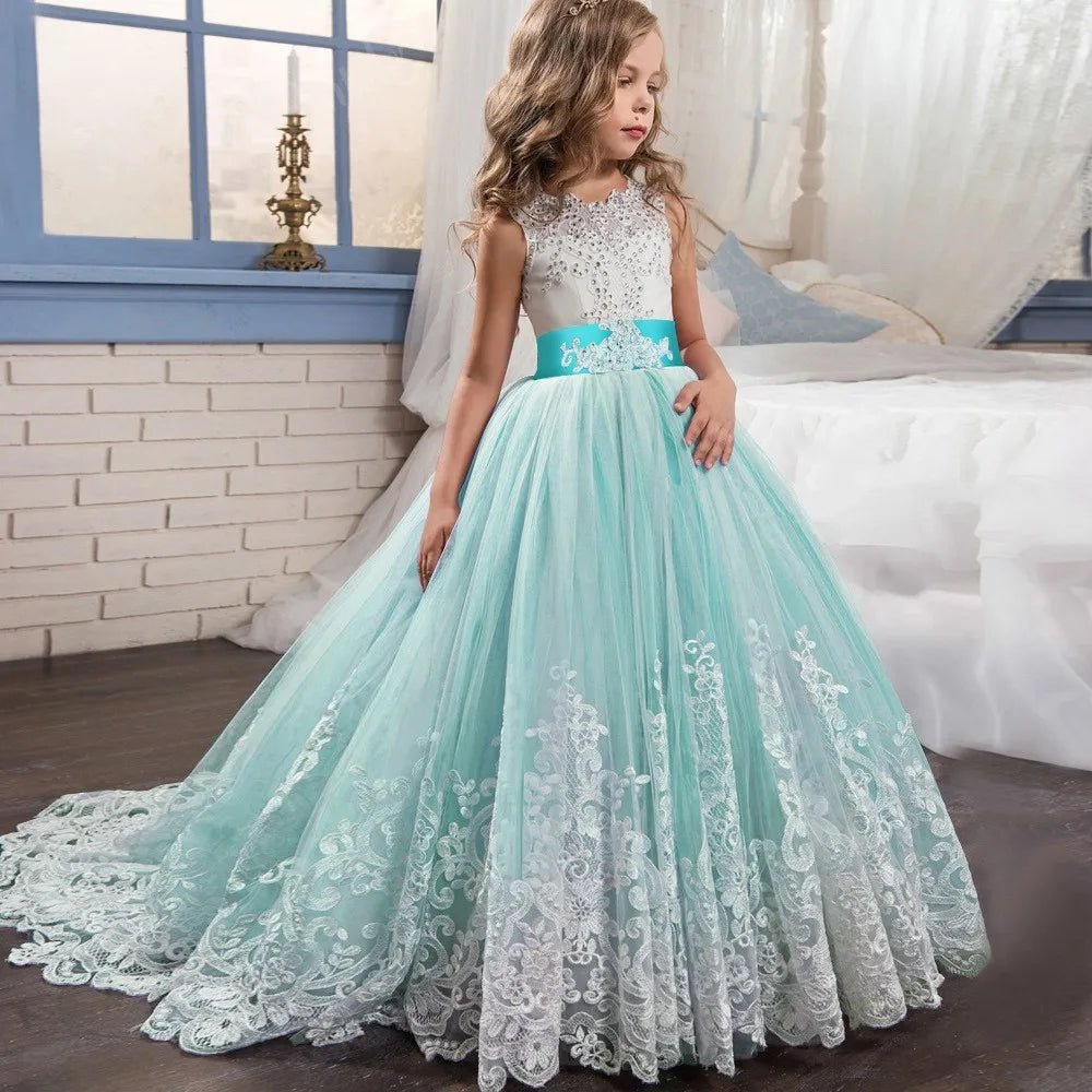 Girls Color block Lace Dress green
