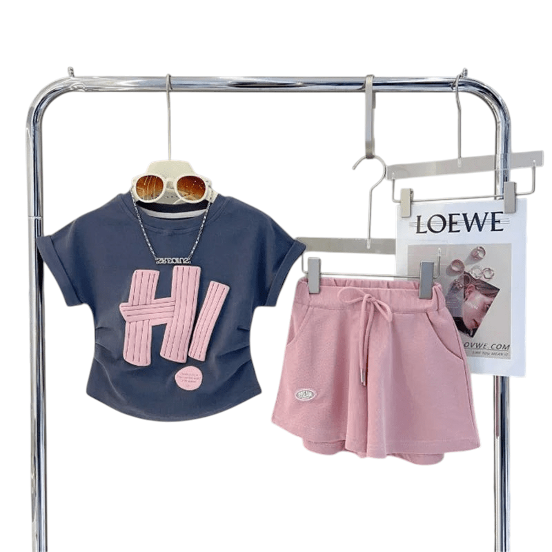 Girls Sleeve Sets Letter T Shirt Short Sleeve Pink