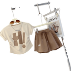 Girls Sleeve Sets Letter T Shirt Short Sleeve Brown