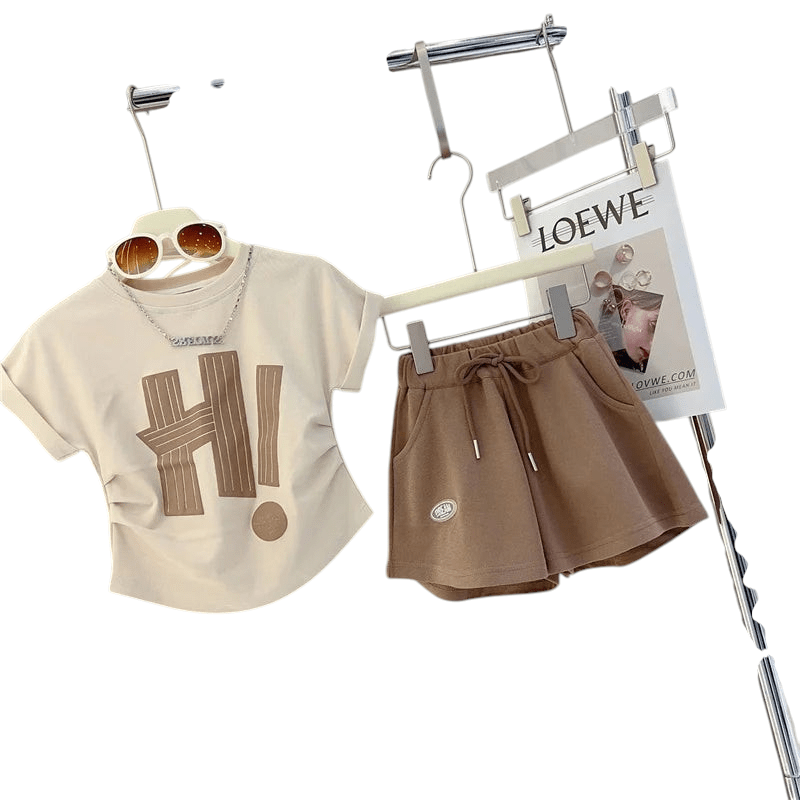 Girls Sleeve Sets Letter T Shirt Short Sleeve Brown
