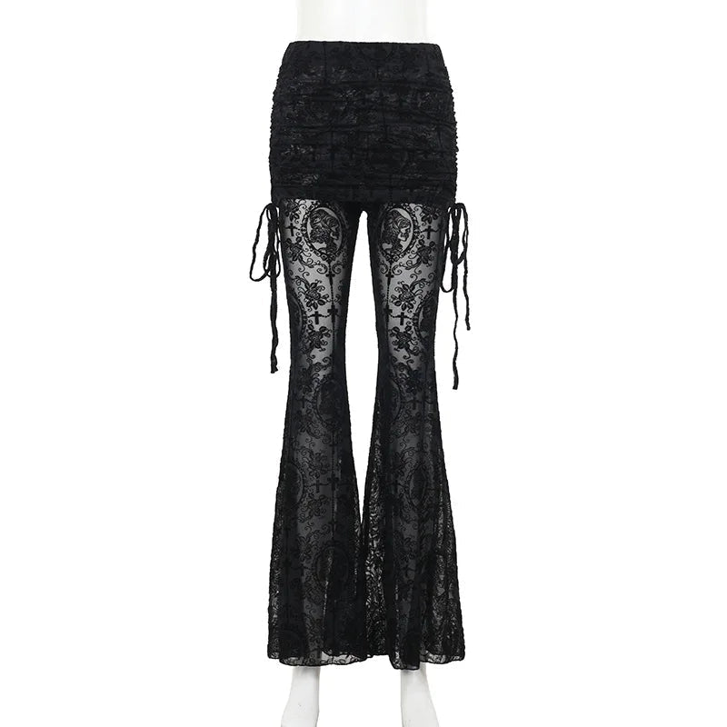 Goth Drak Elegant Flocking Pants Slim Fit Lace Black