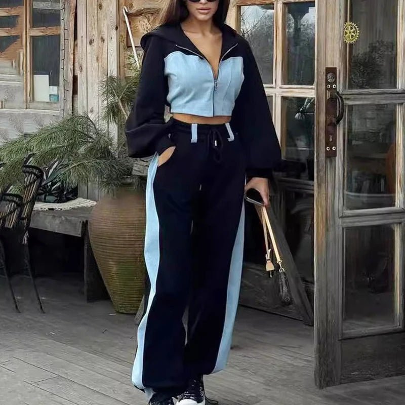Hoodie Patchwork Denim Top Wide Leg black