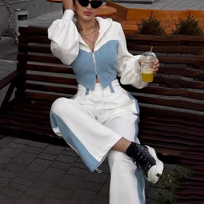 Hoodie Patchwork Denim Top Wide Leg WHITE