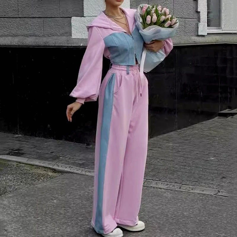 Hoodie Patchwork Denim Top Wide Leg Pink