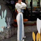 Hoodie Patchwork Denim Top Wide Leg