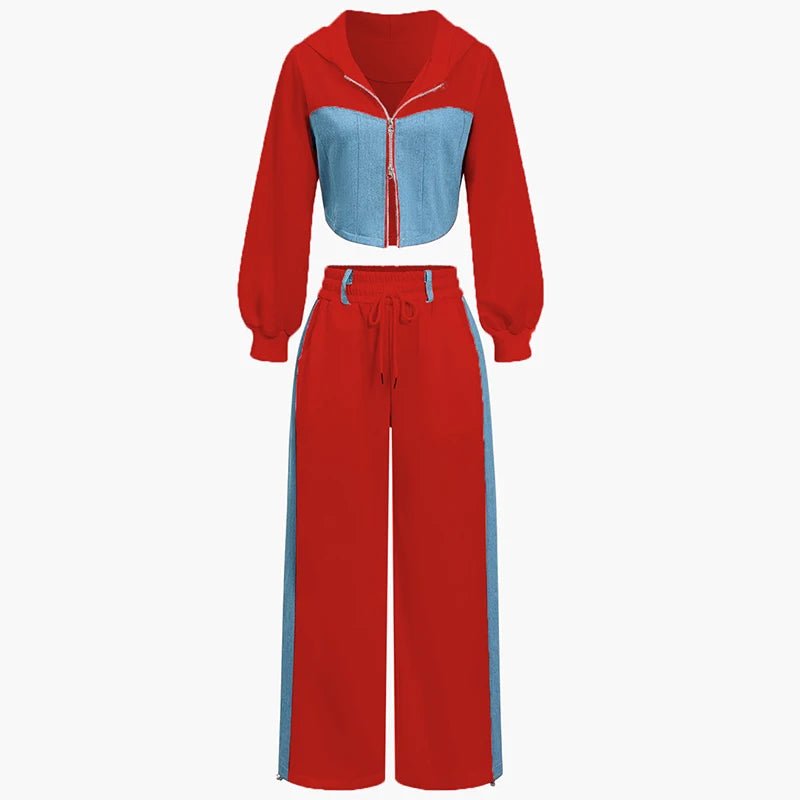 Hoodie Patchwork Denim Top Wide Leg Red