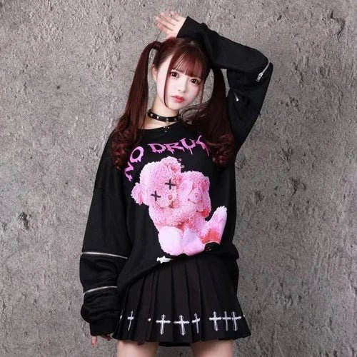 Japanese Mine Harajuku T Shirt Off Shoulder Zip Up Red Bear One Size