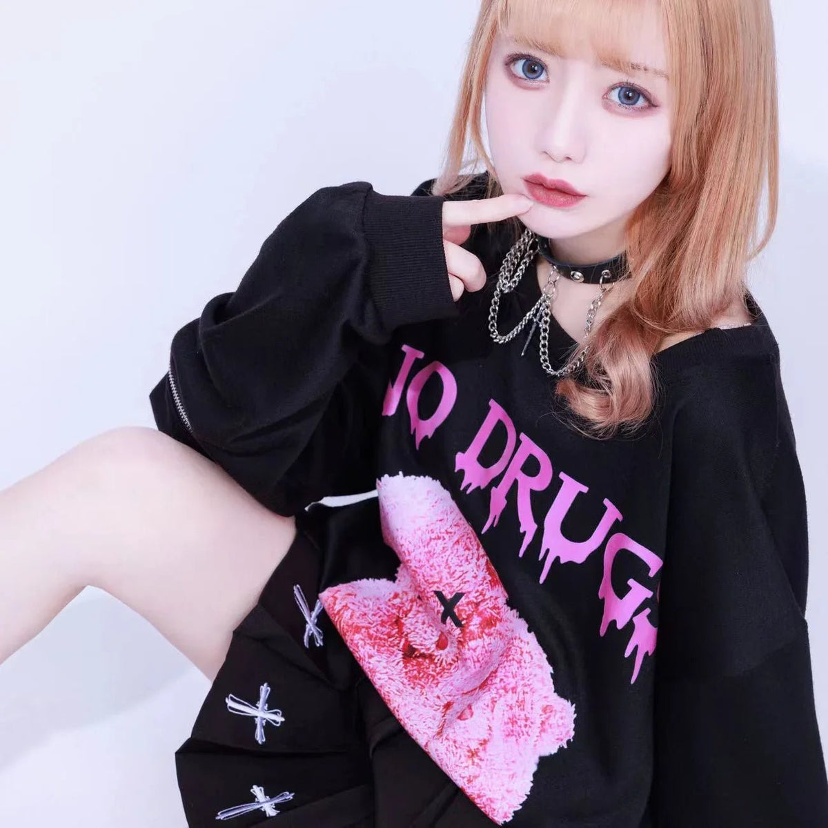 Japanese Mine Harajuku T Shirt Off Shoulder Zip Up
