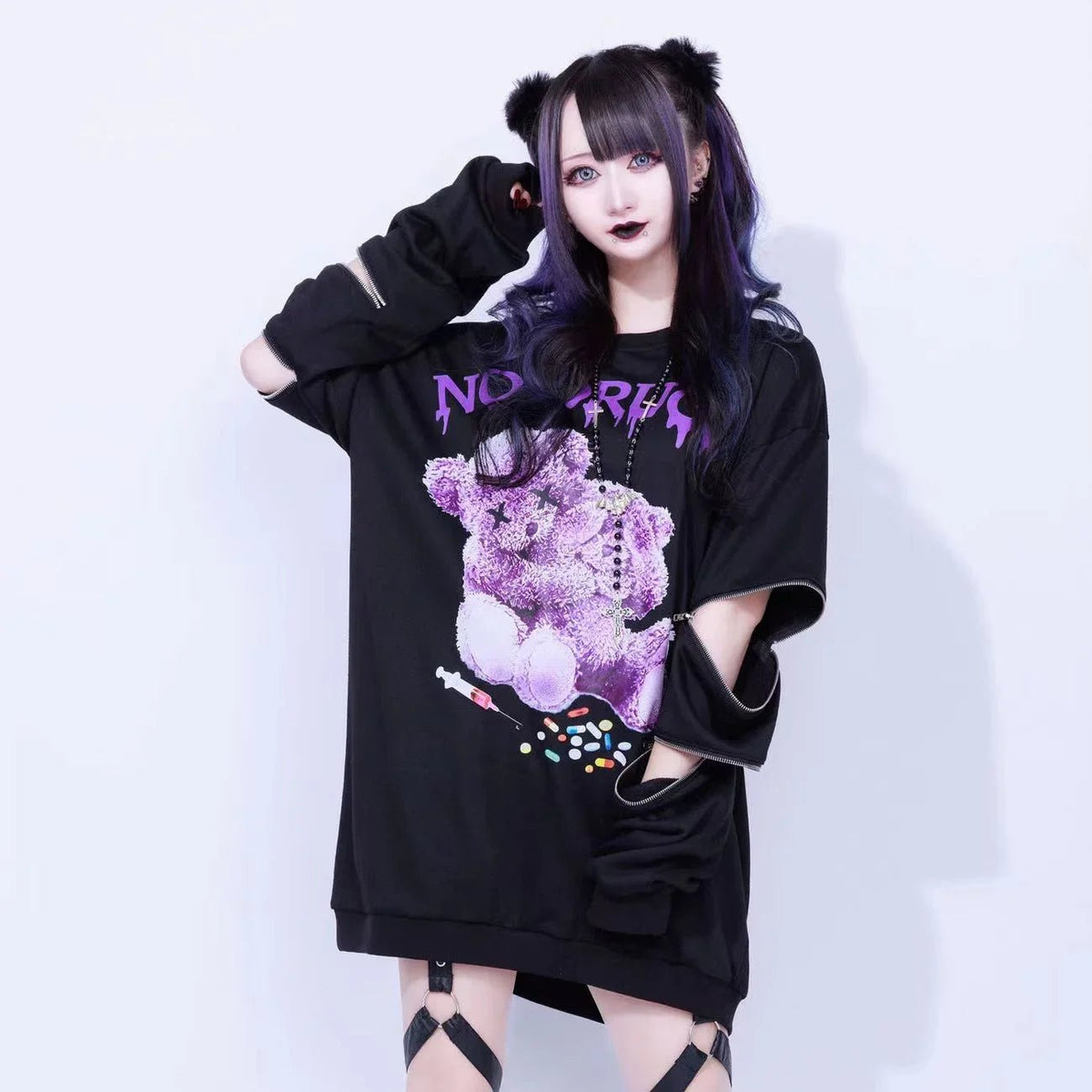 Japanese Mine Harajuku T Shirt Off Shoulder Zip Up