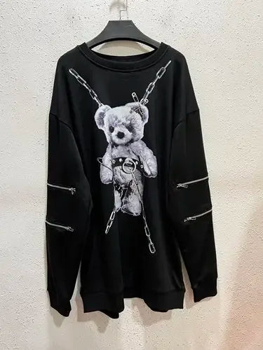 Japanese Mine Harajuku T Shirt Off Shoulder Zip Up Gray iron chain bear One Size