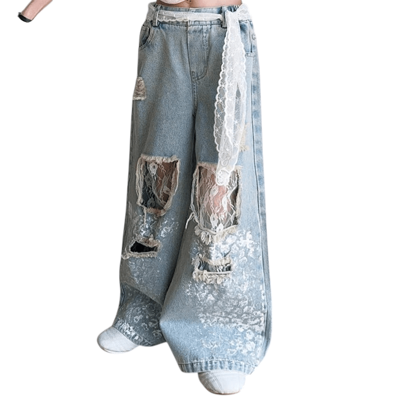 Kids Stylish Streetwear Girl Jeans Lace Blue